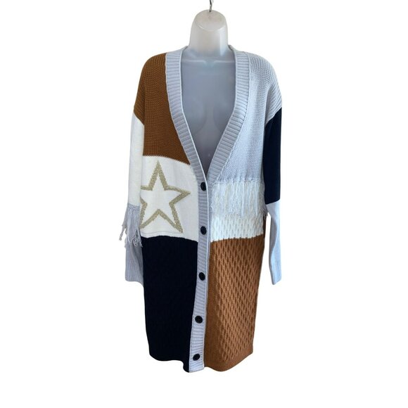 New Colorblock Long Cardigan With Fringe & Star Detail Button Closure Sunshine & - Picture 2 of 12
